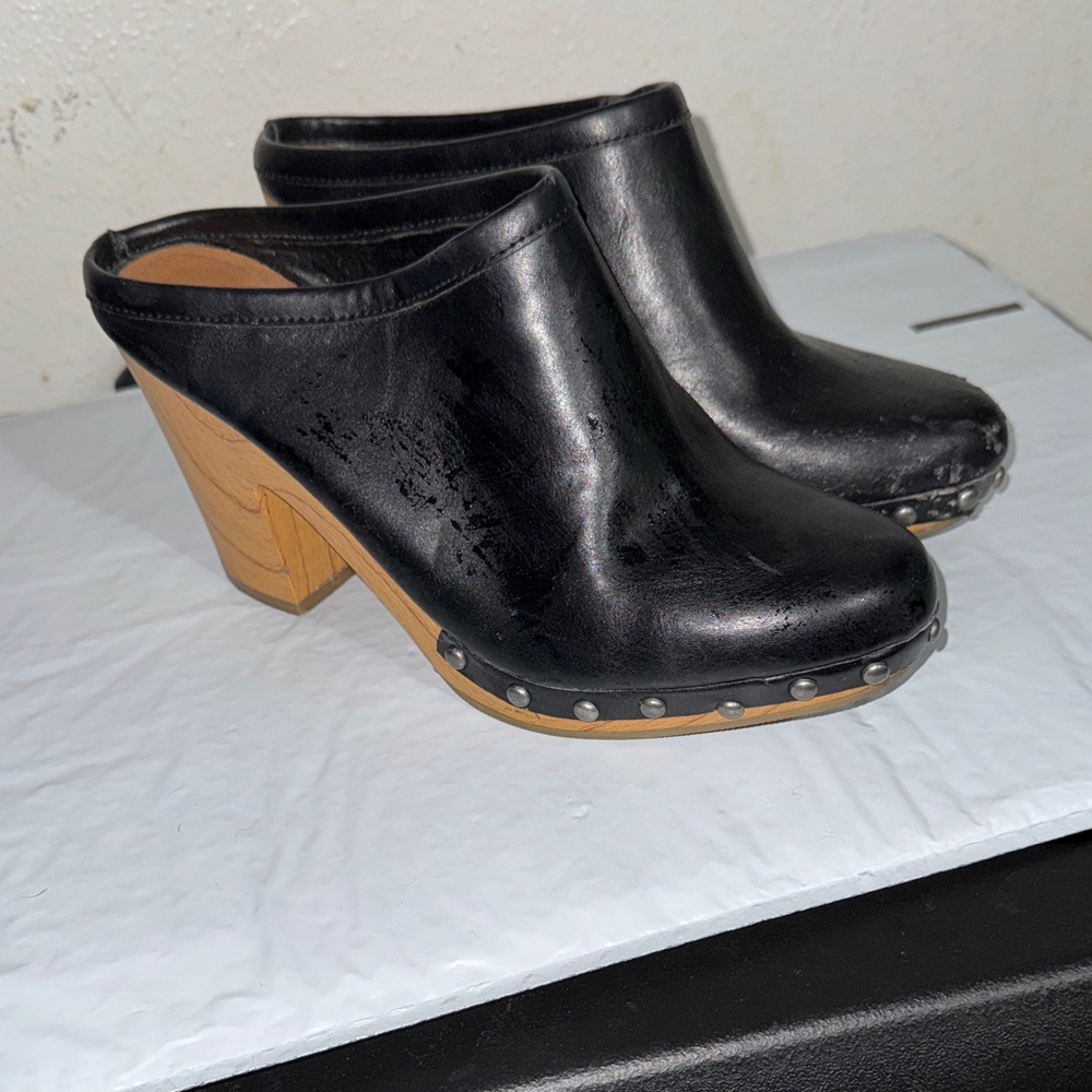 Black Leather Clogs with Wooden Heel
